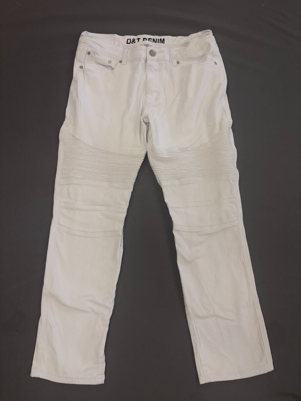 D & T Mens Biker Moto Jeans White Denim pants Cotton stretch size 34 x 30